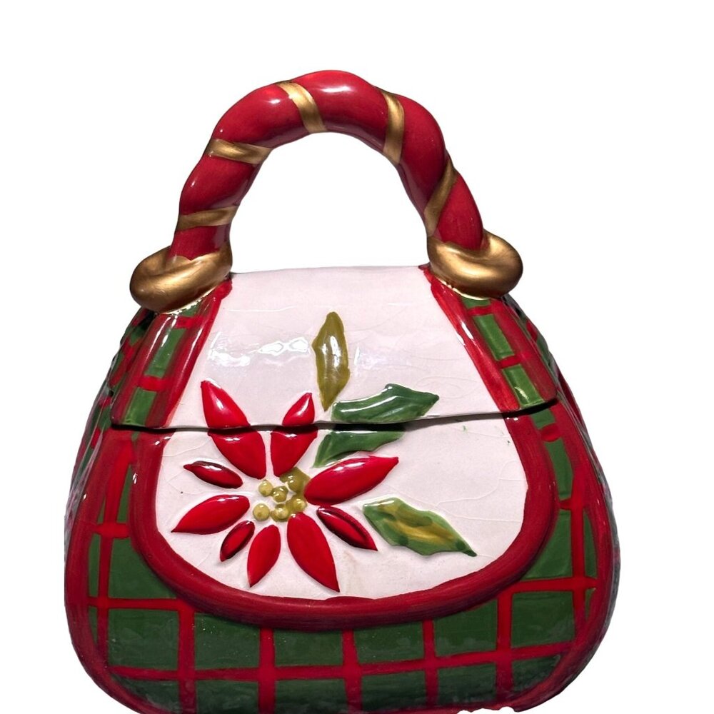 Davids Cookies Christmas-Themed Ceramic Cookie Jar Poinsettia Red‎ & Green Plaid
